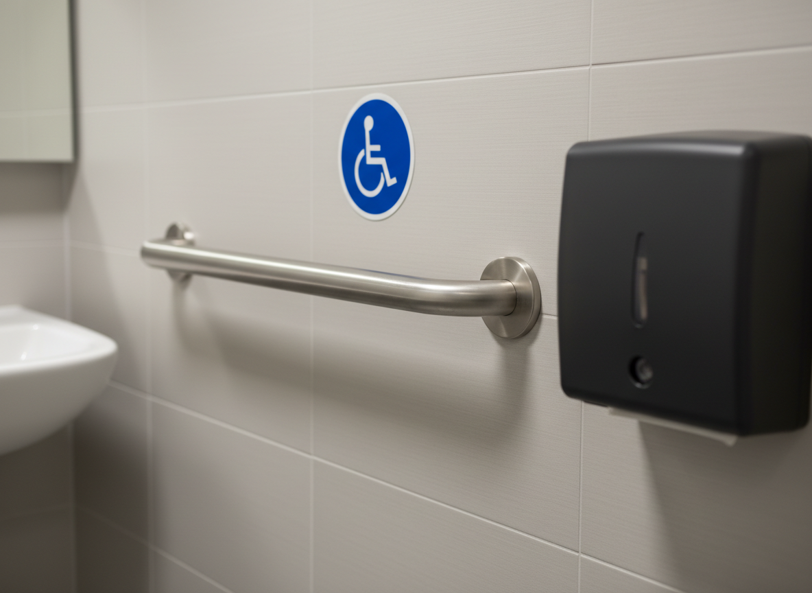 A close-up, highly detailed view of accessibility fixtures in a best-practice restroom: a brushed stainless steel grab rail securely bolted to a smooth, light-grey tiled wall, a large blue and white accessible toilet symbol sign mounted above, and a contrasting dark toilet paper dispenser easy to spot against the background. The textures of the brushed metal, matte plastic, and glazed tiles are all clearly visible. Overhead neutral LED lighting creates soft, controlled highlights along the metal rail and very gentle shadows beneath the fixtures. Photographic realism, shot at a slight angle with shallow depth of field so the grab rail and sign are in crisp focus while the background softly blurs, conveying a precise, professional, standards-compliant mood.