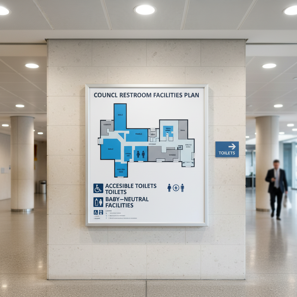 A bright, well-organised council restroom facilities plan displayed on a large, wall-mounted map board in a civic building lobby, showing clearly marked accessible toilets, baby changing areas, and gender-neutral facilities using bold icons and clear typography. The board is framed in brushed aluminium, mounted on a pale stone wall beside a subtle blue directional arrow sign pointing toward toilets. Overhead recessed lighting casts even, neutral-toned light, minimizing glare and making all details easy to read. The polished floor below reflects a faint, soft sheen of light. Photographic realism, composed straight-on with the map centered in the frame, sharp focus and minimal background distractions, creating a professional, informative, policy-focused atmosphere suitable for municipal planning communication.