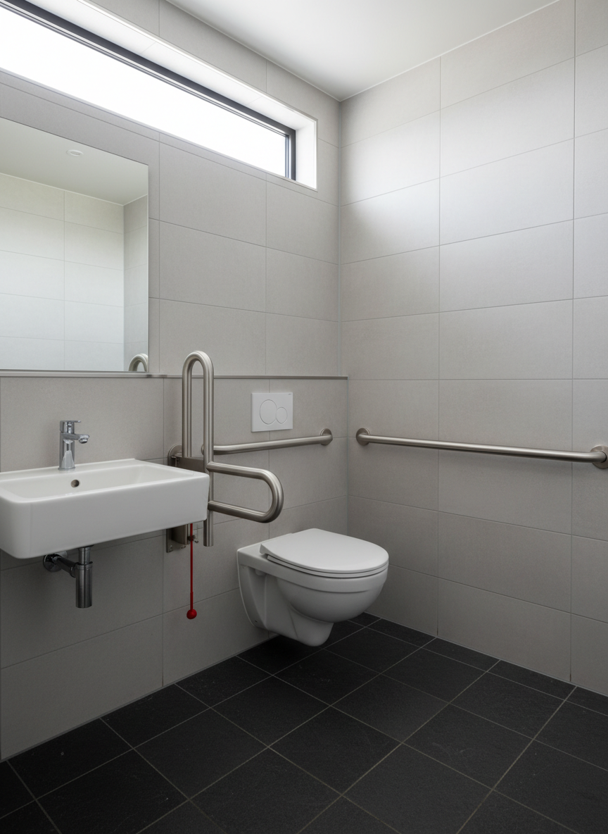 A spotless, modern accessible toilet in a public building, featuring a wall-hung white porcelain toilet with a closed lid, contrasting against light grey tiled walls and a darker slate floor. Sturdy stainless steel grab rails surround the toilet on both sides and behind, with a neatly mounted emergency pull cord hanging within easy reach. A simple sink with lever tap sits on the left under a large, fog-free mirror. Soft, diffused daylight filters through a frosted high window, creating gentle reflections on metal surfaces and subtle shadows on the floor. Photographic realism, shot at eye level with sharp focus throughout, clean and modern aesthetic, calm and professional mood, ideal for illustrating best-practice accessible toilet design.
